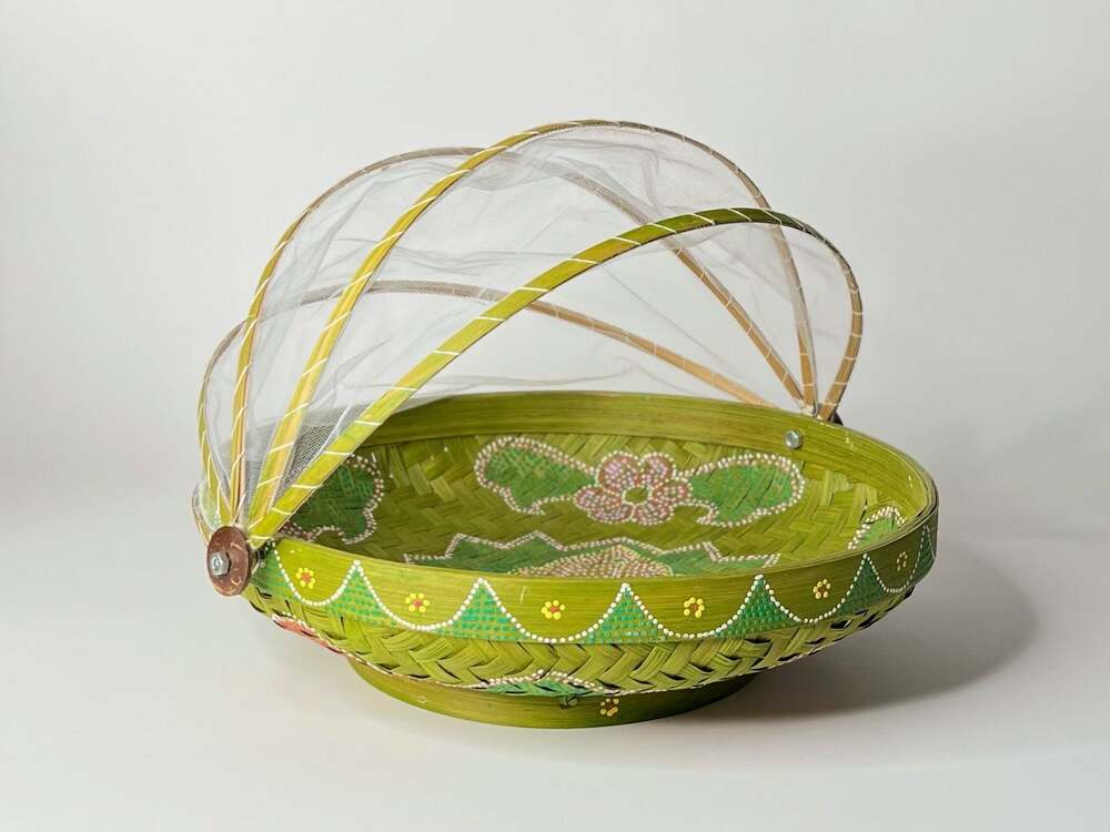 Vintage Hand-Woven Bamboo Folding Mesh Food Cover Basket Floral Hand-Painting